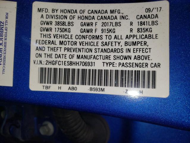 2HGFC1E58HH706931 - 2017 HONDA CIVIC SI BLUE photo 12