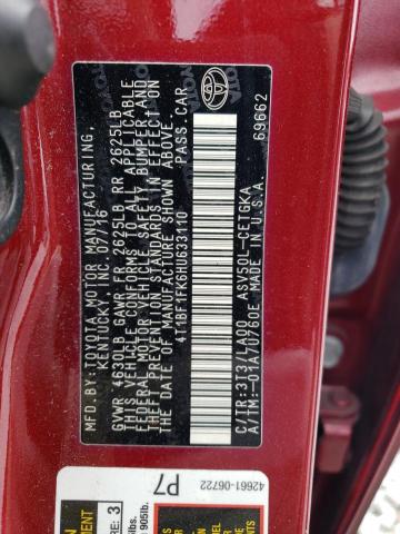 4T1BF1FK6HU633110 - 2017 TOYOTA CAMRY LE BURGUNDY photo 12