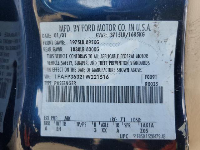 1FAFP36321W221516 - 2001 FORD FOCUS SE BLUE photo 12