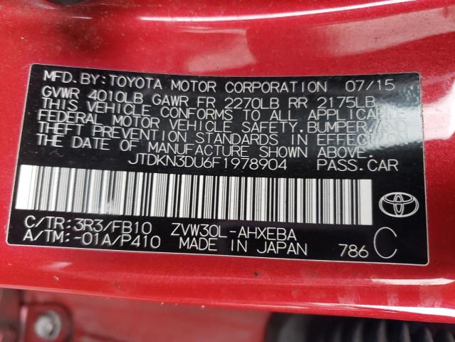 JTDKN3DU6F1978904 - 2015 TOYOTA PRIUS RED photo 12