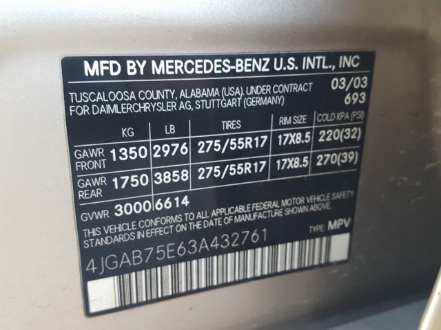 4JGAB75E63A432761 - 2003 MERCEDES-BENZ ML 500 GOLD photo 10