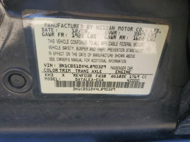 3N1CB51DX4L890329 - 2004 NISSAN SENTRA 1.8 BLACK photo 12