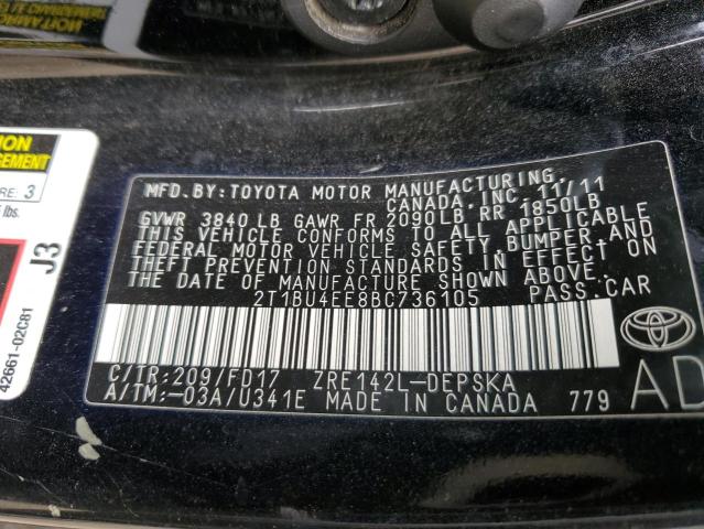 2T1BU4EE8BC736105 - 2011 TOYOTA COROLLA BASE BLACK photo 12
