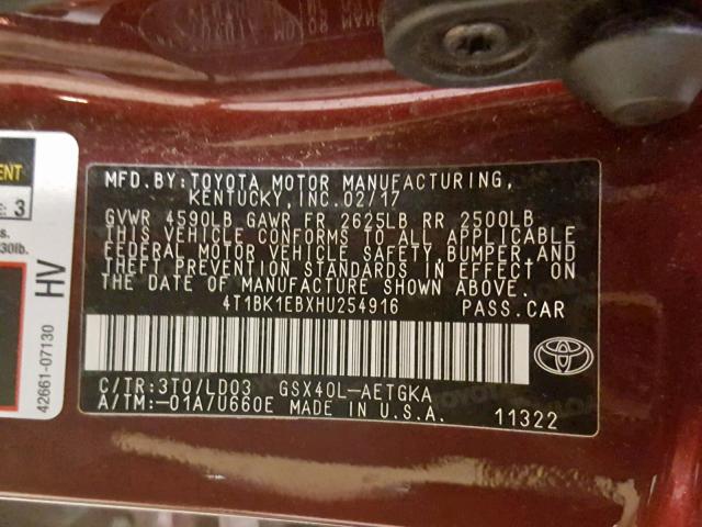 4T1BK1EBXHU254916 - 2017 TOYOTA AVALON XLE  photo 10