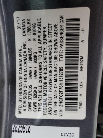 2HGFC2F76HH512789 - 2017 HONDA CIVIC EX GRAY photo 12