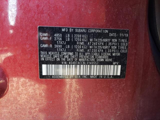 4S4BTACC9L3140557 - 2020 SUBARU OUTBACK PREMIUM RED photo 12