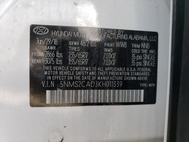 5NMS2CAD3KH011339 - 2019 HYUNDAI SANTA FE SE WHITE photo 13