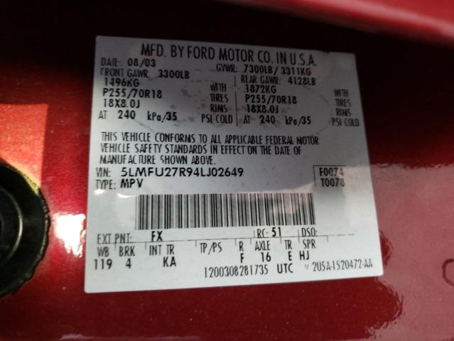 5LMFU27R94LJ02649 - 2004 LINCOLN NAVIGATOR 栗色 照片 12