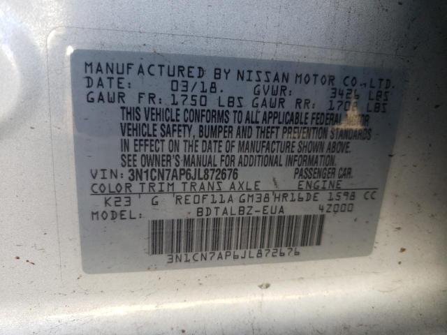 3N1CN7AP6JL872676 - 2018 NISSAN VERSA S SILVER photo 13