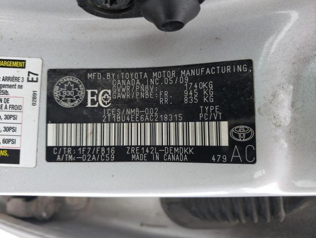 2T1BU4EE6AC218315 - 2010 TOYOTA COROLLA BASE SILVER photo 12