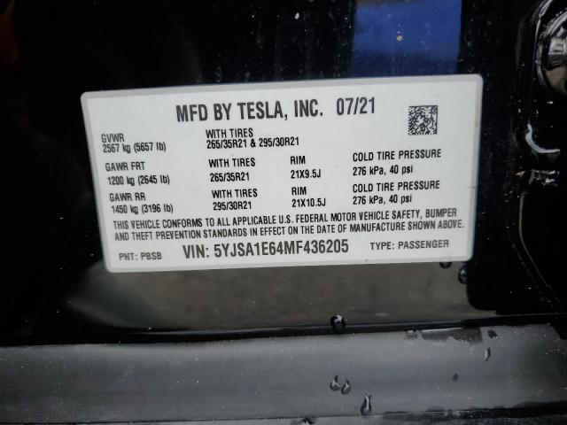 5YJSA1E64MF436205 - 2021 TESLA MODEL S Qara foto 13