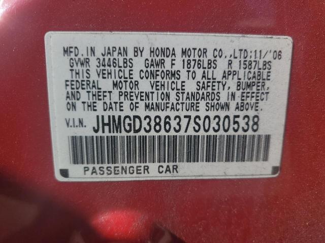 JHMGD38637S030538 - 2007 HONDA FIT S RED photo 13