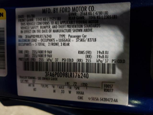 3FA6P0D98LR176240 - 2020 FORD FUSION TITANIUM BLUE photo 12