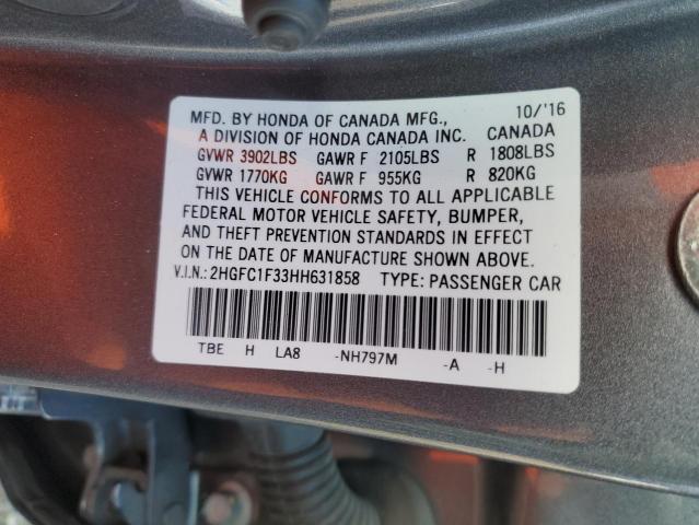 2HGFC1F33HH631858 - 2017 HONDA CIVIC EX GRAY photo 12