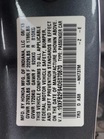 19XFB2F94DE070670 - 2013 HONDA CIVIC EXL ნაცრისფერი ფოტო 12