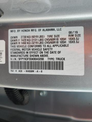 5FPYK3F55KB043200 - 2019 HONDA RIDGELINE RTL SILVER photo 12