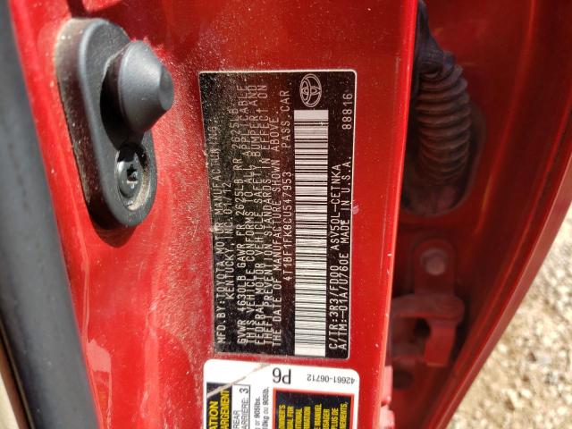 4T1BF1FK8CU547953 - 2012 TOYOTA CAMRY BASE RED photo 13