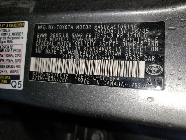 2T1BY32E75C495449 - 2005 TOYOTA COROLLA XRS GRAY photo 12