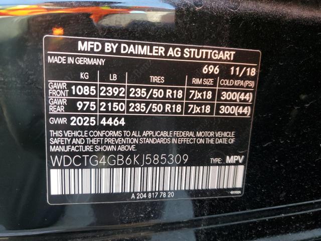 WDCTG4GB6KJ585309 - 2019 MERCEDES-BENZ GLA 250 4MATIC BLACK photo 13