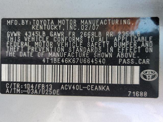 4T1BE46K67U664540 - 2007 TOYOTA CAMRY CE SILVER photo 13