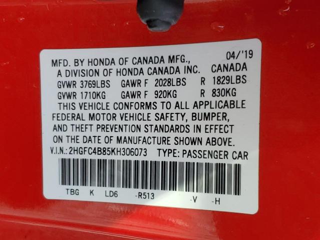 2HGFC4B85KH306073 - 2019 HONDA CIVIC SPORT 红色 照片 13