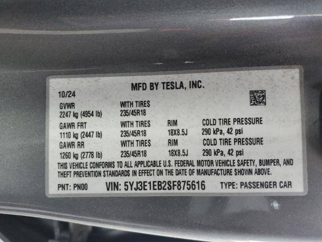 5YJ3E1EB2SF875616 - 2025 TESLA MODEL 3 银色 照片 12