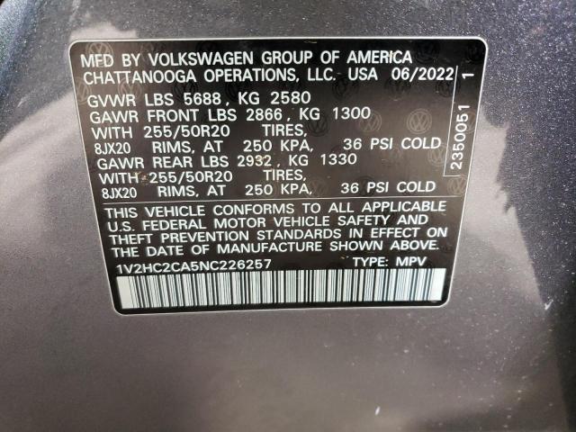 1V2HC2CA5NC226257 - 2022 VOLKSWAGEN ATLAS CROS SE ნაცრისფერი ფოტო 13