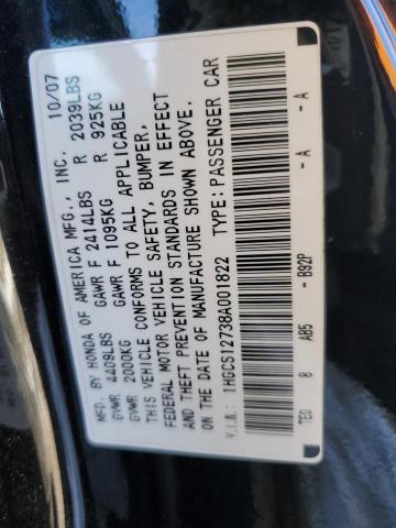 1HGCS12738A001822 - 2008 HONDA ACCORD EX BLACK photo 12