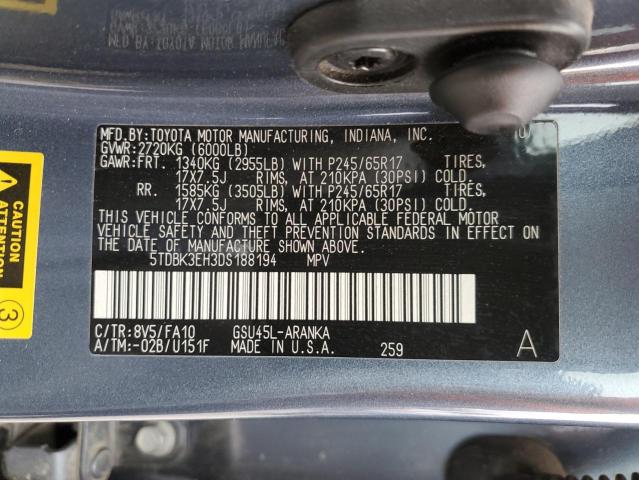 5TDBK3EH3DS188194 - 2013 TOYOTA HIGHLANDER BASE أزرق صورة 14