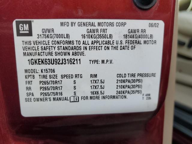 1GKEK63U92J316211 - 2002 GMC DENALI BURGUNDY photo 13