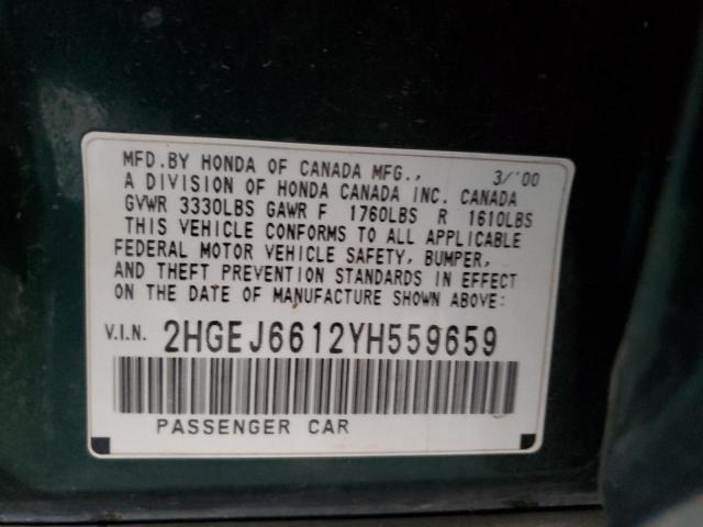 2HGEJ6612YH559659 - 2000 HONDA CIVIC BASE GREEN photo 12