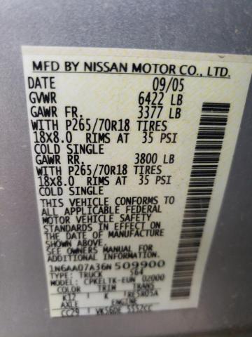 1N6AA07A36N509900 - 2006 NISSAN TITAN XE SILVER photo 12