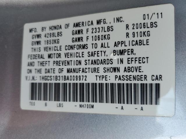 1HGCS1B31BA009972 - 2011 HONDA ACCORD LX-S SILVER photo 13