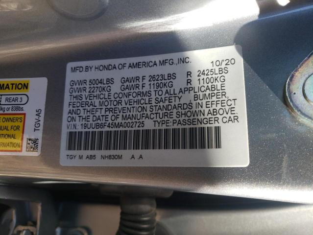 19UUB6F45MA002725 - 2021 ACURA TLX TECHNOLOGY SILVER photo 10