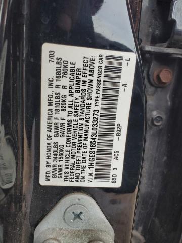 1HGES16543L033273 - 2003 HONDA CIVIC LX BLACK photo 12