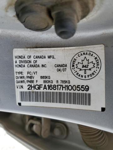 2HGFA16817H100559 - 2007 HONDA CIVIC EX SILVER photo 13