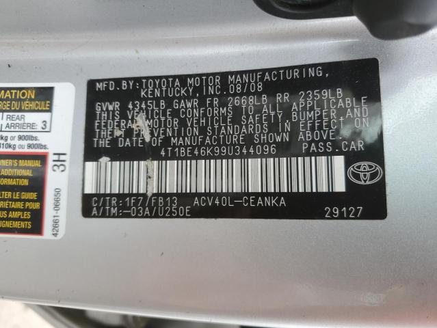 4T1BE46K99U344096 - 2009 TOYOTA CAMRY BASE SILVER photo 13