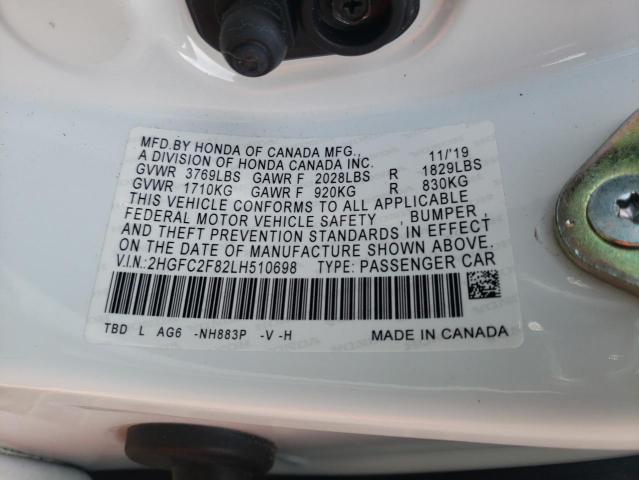 2HGFC2F82LH510698 - 2020 HONDA CIVIC SPORT 白色 照片 12