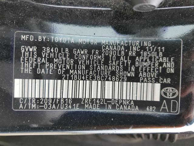 2T1BU4EE3BC748629 - 2011 TOYOTA COROLLA BASE BLACK photo 12