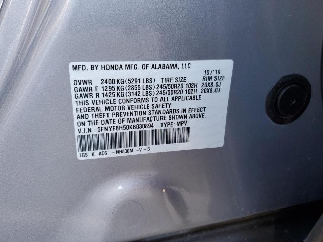 5FNYF8H50KB030894 - 2019 HONDA PASSPORT EXL SILVER photo 13