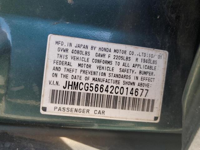 JHMCG56642C014677 - 2002 HONDA ACCORD EX GREEN photo 12