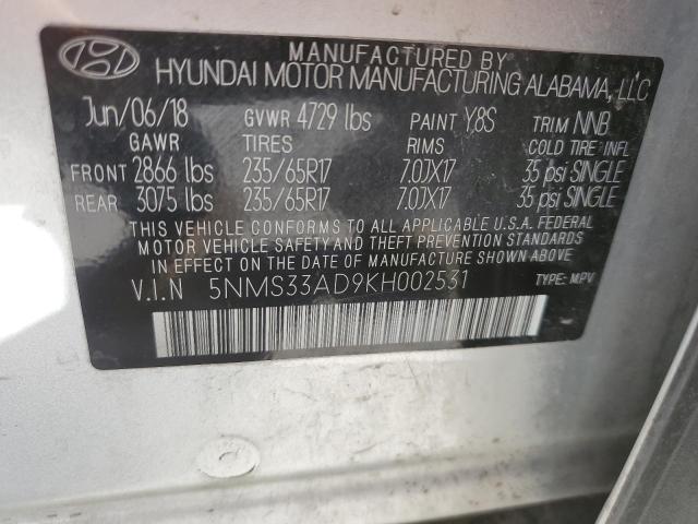 5NMS33AD9KH002531 - 2019 HYUNDAI SANTA FE SEL SILVER photo 13