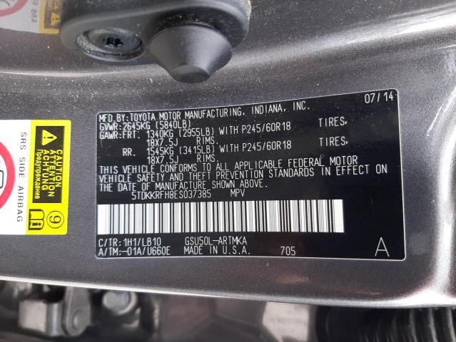 5TDKKRFH8ES037385 - 2014 TOYOTA HIGHLANDER XLE GRAY photo 13