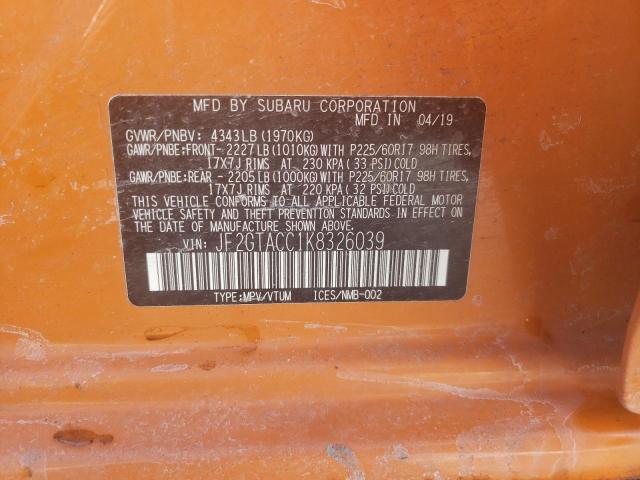 JF2GTACC1K8326039 - 2019 SUBARU CROSSTREK PREMIUM ORANGE photo 12