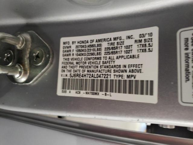 5J6RE4H72AL047221 - 2010 HONDA CR-V EXL SILVER photo 12