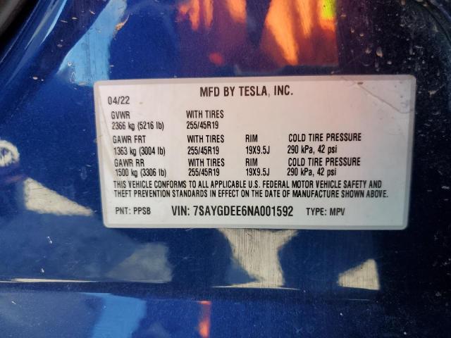 7SAYGDEE6NA001592 - 2022 TESLA MODEL Y BLUE photo 13