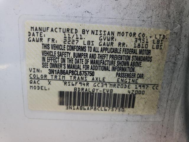 3N1AB6AP8CL675750 - 2012 NISSAN SENTRA 2.0 WHITE photo 12