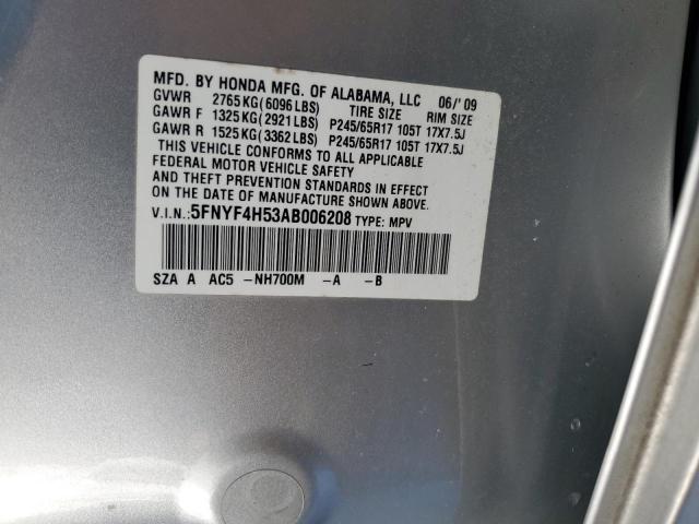 5FNYF4H53AB006208 - 2010 HONDA PILOT EXL SILVER photo 12