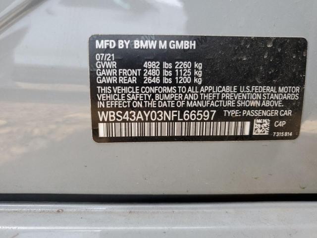 WBS43AY03NFL66597 - 2022 BMW M3 COMPETITION GRAY photo 13