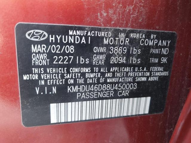 KMHDU46D88U450003 - 2008 HYUNDAI ELANTRA GLS MAROON photo 12